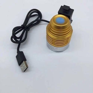 5V USB UV Glue Lamp LED Ultraviolet Green Oil Curing Purple Light - a gold-coloured cylindrical lamp with a blue button and an attached USB cable.
