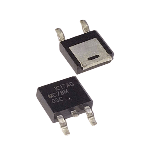 5V Voltage Regulator SMD IC Chip 78M05 - shown as two black, square-shaped electronic components with three metal pins and a silver heat sink surface.
