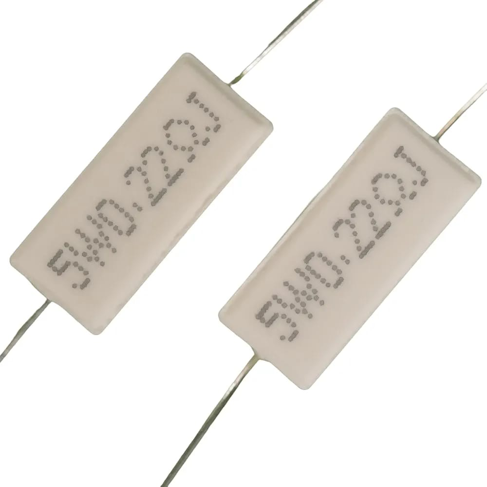 5W 0.22 Ohm Ceramic Resistor - Wire Wound Power Resistor - two rectangular white ceramic resistors with wire leads and the text 5W0.22J printed.