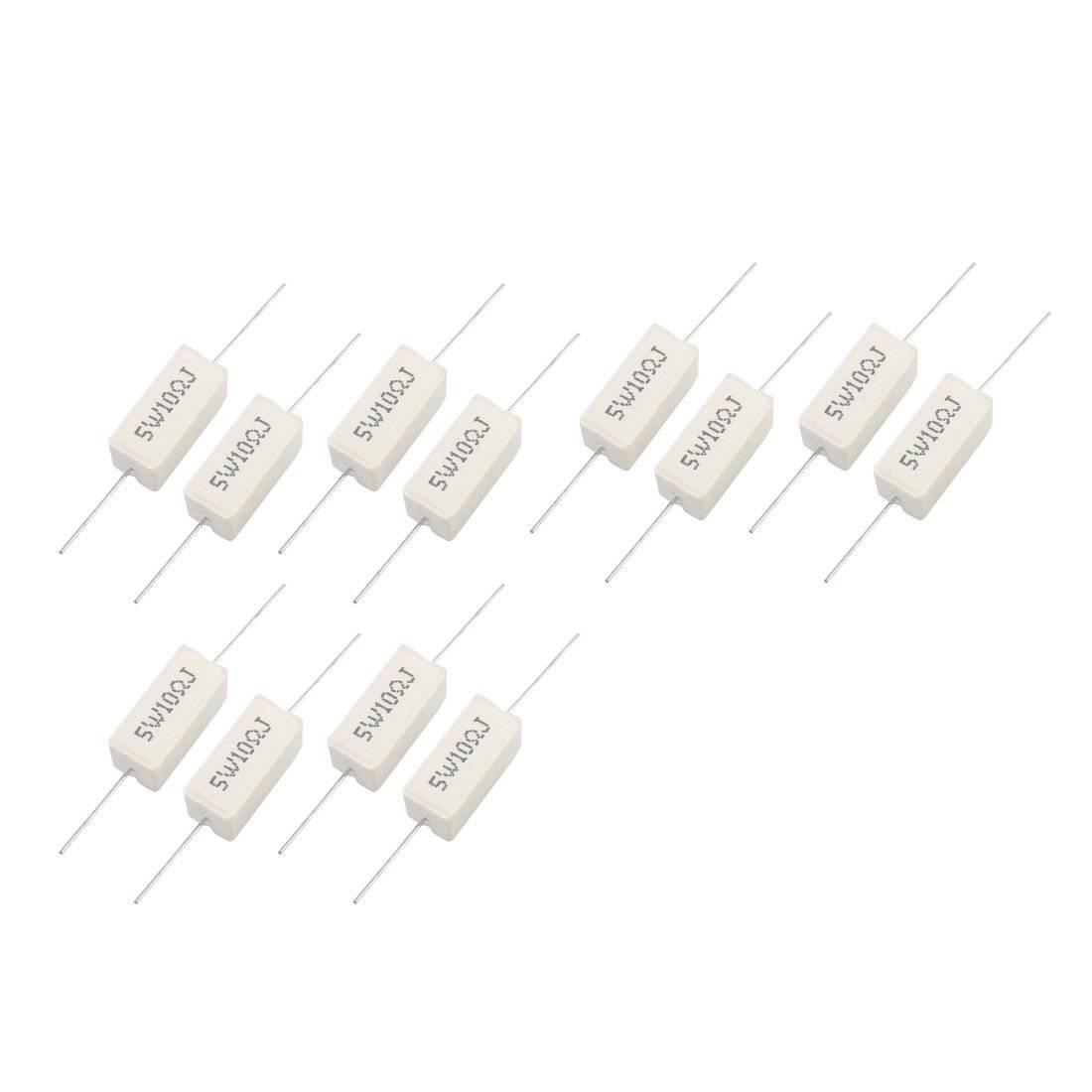 5W 10 Ohm J(+/-5%) Ceramic Cement Power Resistor White - a collection of ten rectangular white ceramic resistors with axial wire leads arranged on a white background.