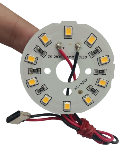 5W 44mm 10 LEDS Warm White SMD LED Strip With Type C Connector - a circular white LED board with ten SMD LEDs, red and black wires, and a Type-C port.