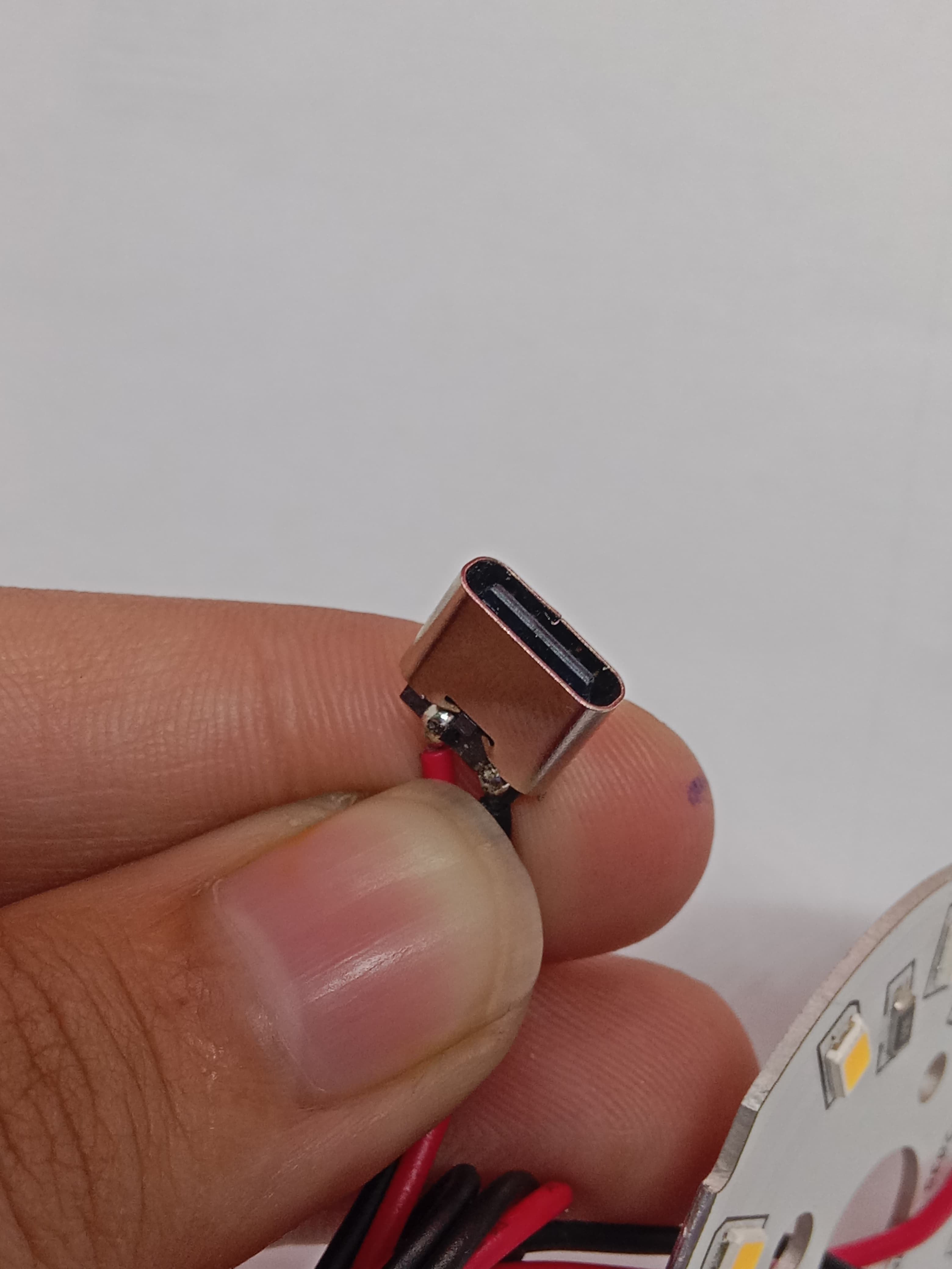 5W 44mm 10 LEDS Warm White SMD LED Strip With Type C Connector - close-up showing the metallic Type-C charging port with attached red and black wires.