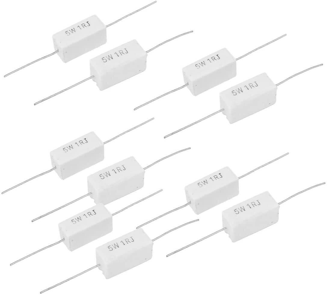 5W Watt 1 Ohm J - shown as a collection of nine white rectangular ceramic cement resistors with axial wire leads arranged on a white background.