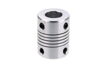 5x10mm Flexible Shaft | High-Quality Rotary Extension | Digilog.pk - silver-coloured cylindrical metal coupling featuring a central flexible spiral section and four small black set screws.