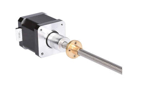 5x10mm Flexible Shaft | High-Quality Rotary Extension | Digilog.pk - NEMA 17 stepper motor with an integrated lead screw and a brass nut, featuring a black motor body, a silver mounting face, and a white connector port.