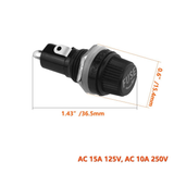 5x20mm AGC Fuse Holder Inline Screw Type - shown as a black cylindrical component with a screw-on cap and dimension lines indicating 36.5mm length.