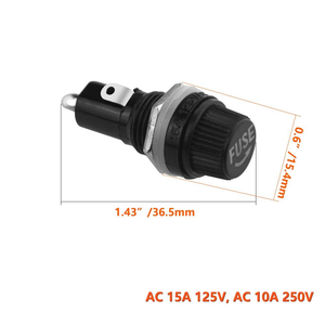 5x20mm AGC Fuse Holder Inline Screw Type - shown as a black cylindrical component with a screw-on cap and dimension lines indicating 36.5mm length.