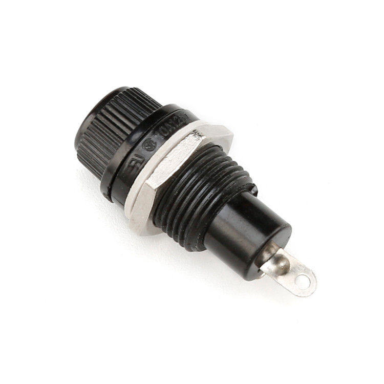 5x20mm AGC Fuse Holder Inline Screw Type - a black cylindrical plastic fuse holder with a metal nut and a single metal solder terminal at the base.