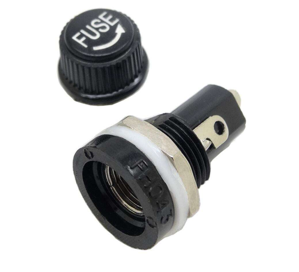 5x20mm AGC Fuse Holder Inline Screw Type - shown as a black panel-mount fuse holder base with a separate screw-on cap labeled "FUSE" and "FH043".
