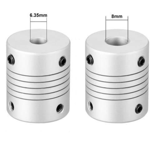 6.35x8mm Flexible Coupling Shaft - two silver cylindrical metal couplings with spiral cuts and black set screws, labeled with 6.35mm and 8mm.