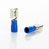 6.3mm Crimp Terminal Female Pre Insulated Electrical Connectors - two blue insulated female spade connectors on a white background.