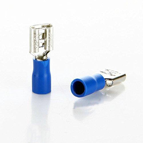 6.3mm Crimp Terminal Female Pre Insulated Electrical Connectors - two blue insulated female spade connectors on a white background.