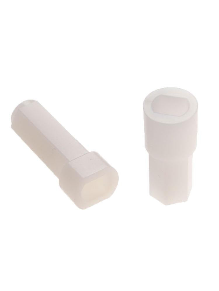 6.7mm Hex 27mm length 3mm hole TT Motor Hexagonal Connector Plastic Coupling Wheel tyre coupler Connector White - shown as two white plastic hexagonal coupling pieces for wheels.