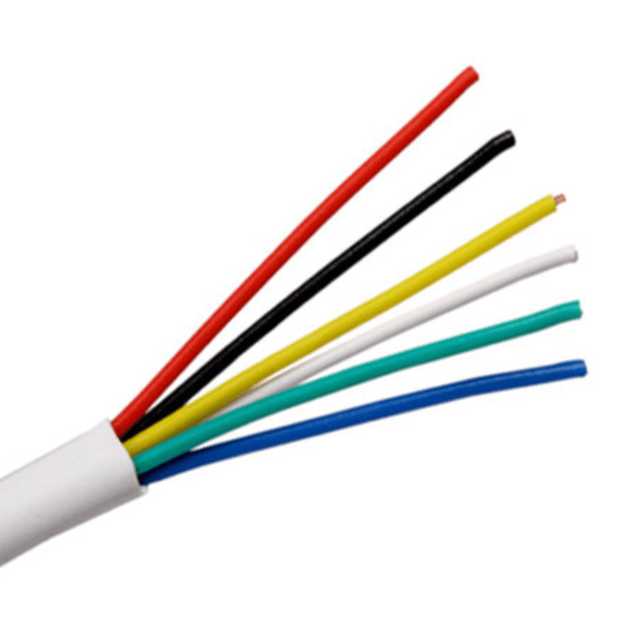 6 Core 1 Meter Electronic Signal Wire With Earth Line And Shield - a white outer cable jacket with six exposed red, black, yellow, white, green, and blue wires.