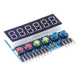6-digit 8 Segment Tube LED Display Module TM1637 For Arduino Raspberry Pi - labeled 3661BS mounted on a blue circuit board with six colorful push buttons.
