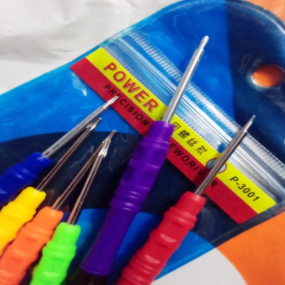 6 in 1 Repair Opening Tool Kit Screwdriver Set P-3001 for Phone & Electronics - a close-up of five colorful precision screwdrivers partially inside their blue plastic packaging.