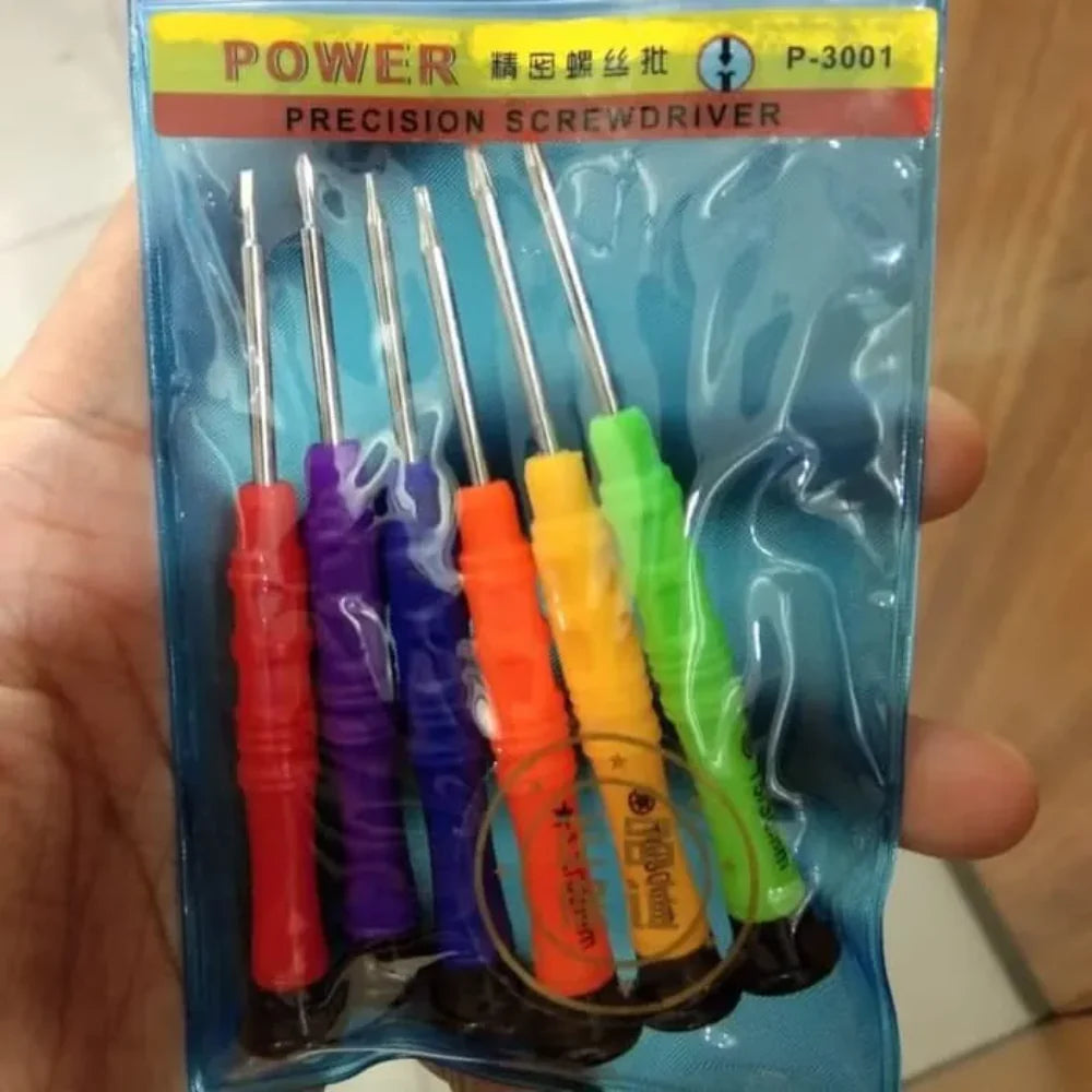 6 in 1 Repair Opening Tool Kit Screwdriver Set P-3001 for Phone & Electronics - original blue plastic packaging containing six multi-coloured precision screwdrivers.