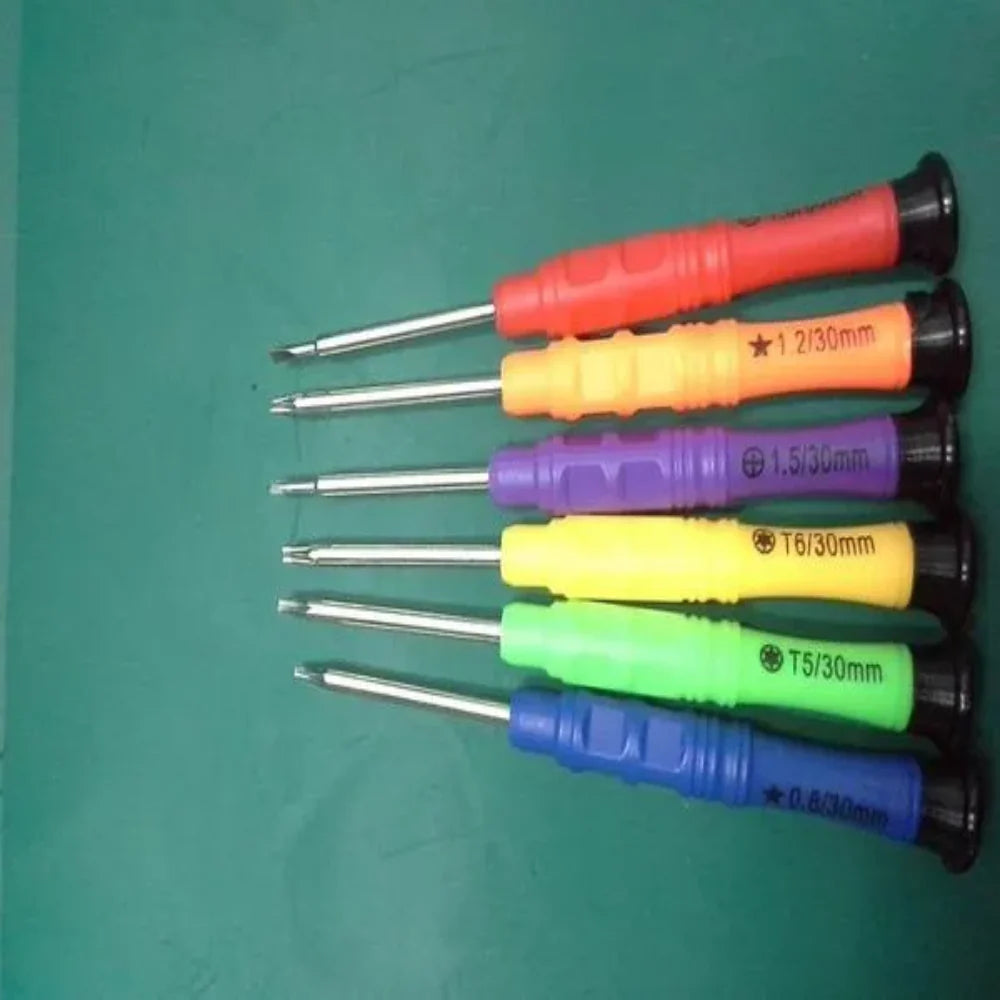 6 in 1 Repair Opening Tool Kit Screwdriver Set P-3001 for Phone & Electronics - six multi-coloured precision screwdrivers with labelled tips arranged on a green surface.