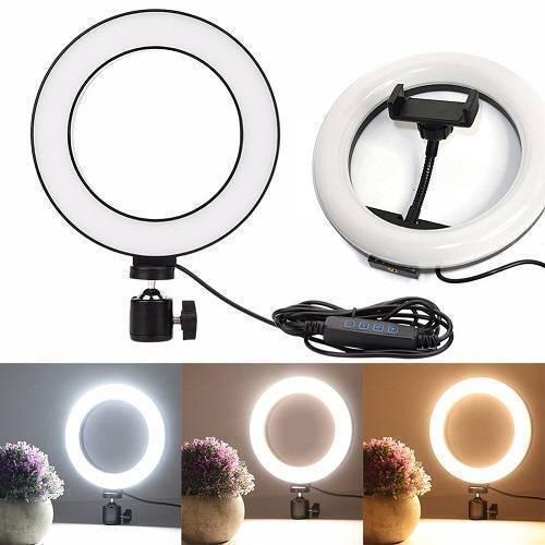 6 Inch 15cm Selfie LED Ring Light Without Stand For Tiktok Video Live Camera Makeup - a white circular light with a phone holder, a ball head mount, and a corded remote with four control buttons.