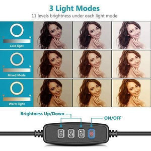 6 Inch 15cm Selfie LED Ring Light Without Stand For Tiktok Video Live Camera Makeup - a diagram of three light modes, brightness levels, and the black inline controller with brightness and power buttons.