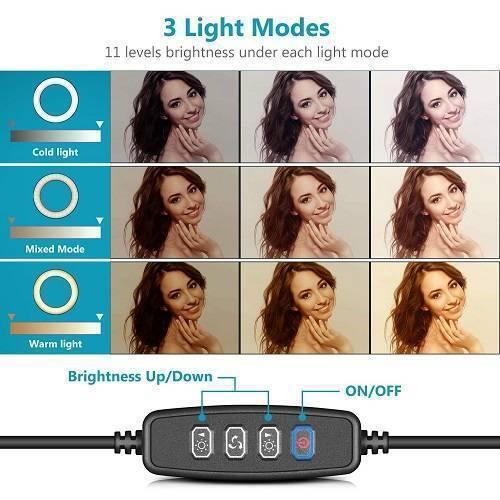 6 Inch 15cm Selfie LED Ring Light Without Stand For Tiktok Video Live Camera Makeup - a diagram of three light modes, brightness levels, and the black inline controller with brightness and power buttons.