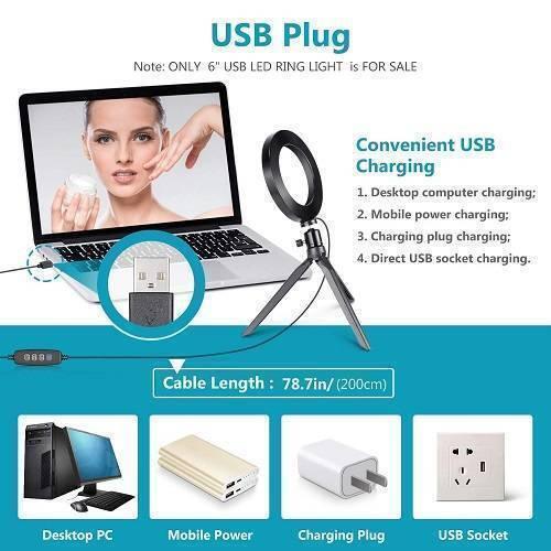 6 Inch 15cm Selfie LED Ring Light Without Stand For Tiktok Video Live Camera Makeup - the circular light on a small tripod, a USB connector, a control switch, and four charging source examples.
