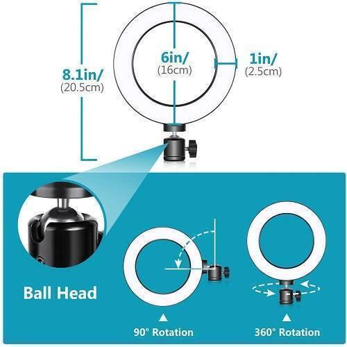6 Inch 15cm Selfie LED Ring Light Without Stand For Tiktok Video Live Camera Makeup - shown in a technical diagram with dimensions, a close-up of the ball head, and illustrations of 90 and 360-degree rotation.
