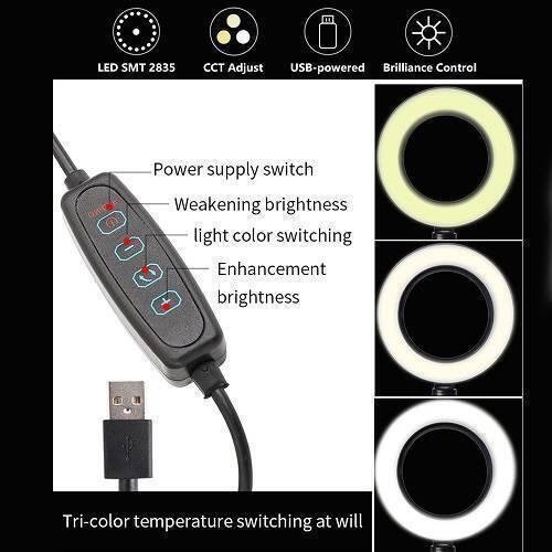 6 Inch 15cm Selfie LED Ring Light Without Stand For Tiktok Video Live Camera Makeup - the USB-powered cable with a four-button control panel and three different light color temperature settings.