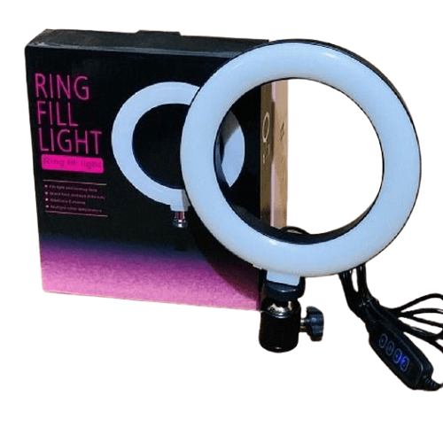 6 Inch 15cm Selfie LED Ring Light Without Stand For Tiktok Video Live Camera Makeup - shown with its black packaging box, a ball head mount, and a wired remote control with four buttons.