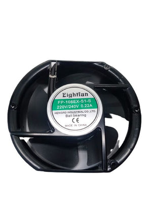 6 Inches 220V Exhaust Fan - shown as a black, circular industrial cooling fan with a central label displaying the Eightfan brand and technical specifications.