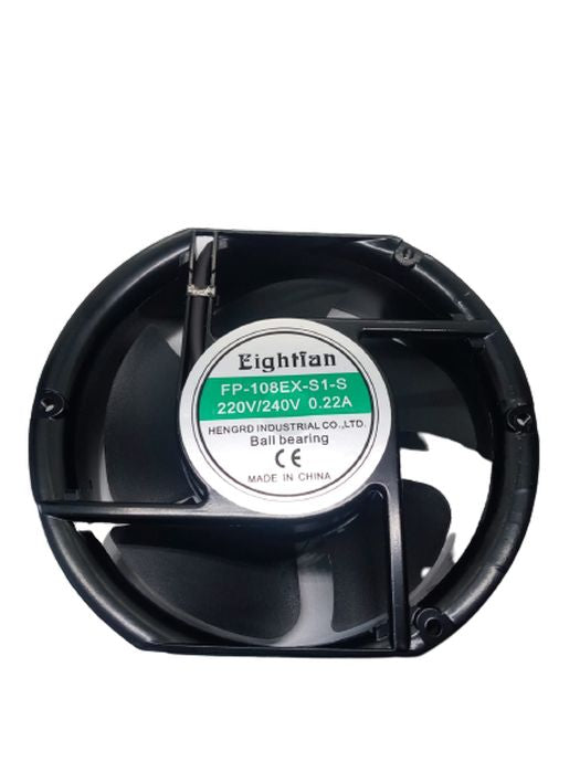 6 Inches 220V Exhaust Fan - shown as a black, circular industrial cooling fan with a central label displaying the Eightfan brand and technical specifications.
