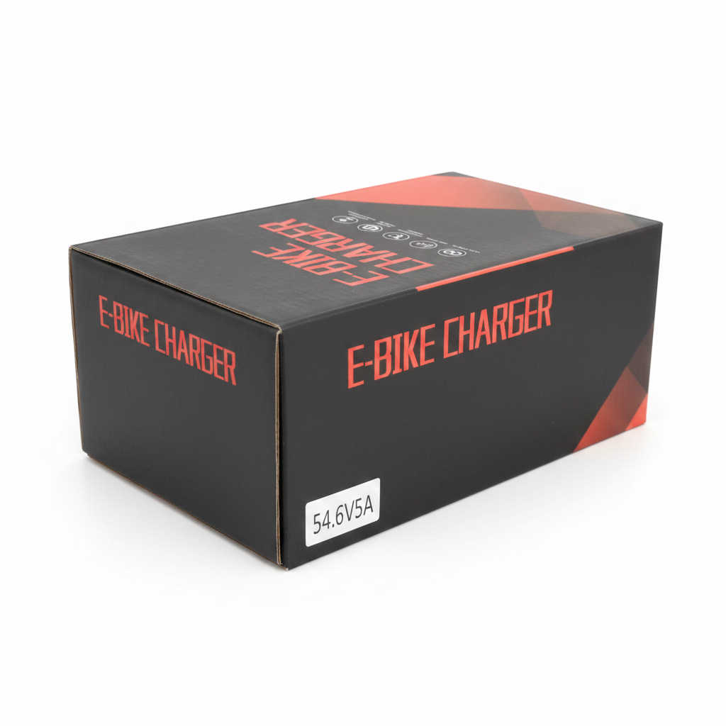 6 Lamp E-Bike Charger 54.6V 5A in Pakistan - shown as a black rectangular cardboard packaging box with red text and a white label reading 54.6V5A.