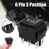 6 Pin 3 Position Dpdt Rocker Switch On Off On Power Button Switch - a black rectangular switch with three positions, a close-up of its six pins, and a hand holding the switch.