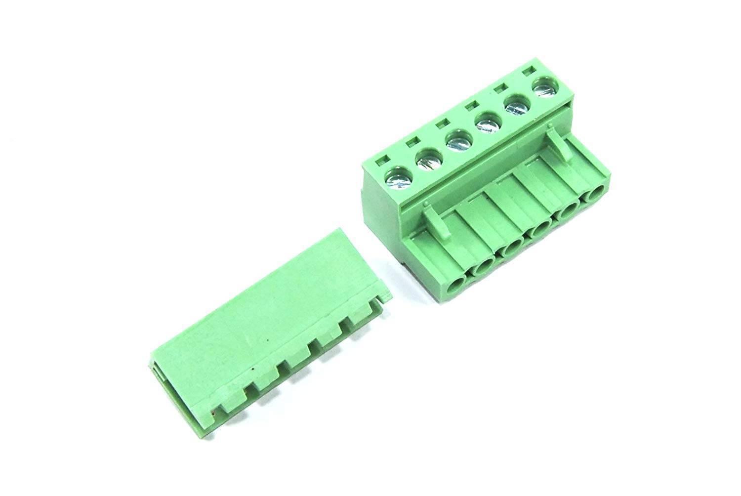 6 Pin Connector PCB Mount Right Angle 5.08mm Pitch - shown as a two-piece green plastic terminal block set with screw terminals and a mating header.