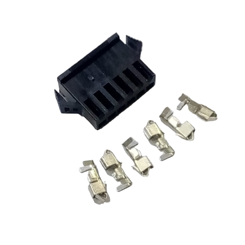 6 Pin Crimp Terminal Connector 2.5mm - shown as a black plastic connector housing with five separate metal crimp terminals arranged in a row.