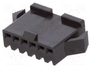 6 Pin Crimp Terminal Connector 2.5mm - a black plastic connector housing featuring six square pin slots and two side locking tabs.