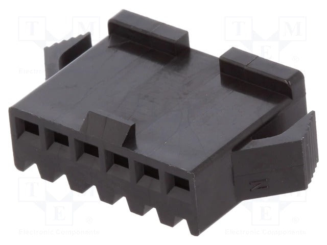 6 Pin Crimp Terminal Connector 2.5mm - a black plastic connector housing featuring six square pin slots and two side locking tabs.