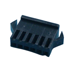 6 Pin Crimp Terminal Connector 2.5mm - shown as a black, rectangular plastic housing with six internal pin slots and two side-locking tabs.