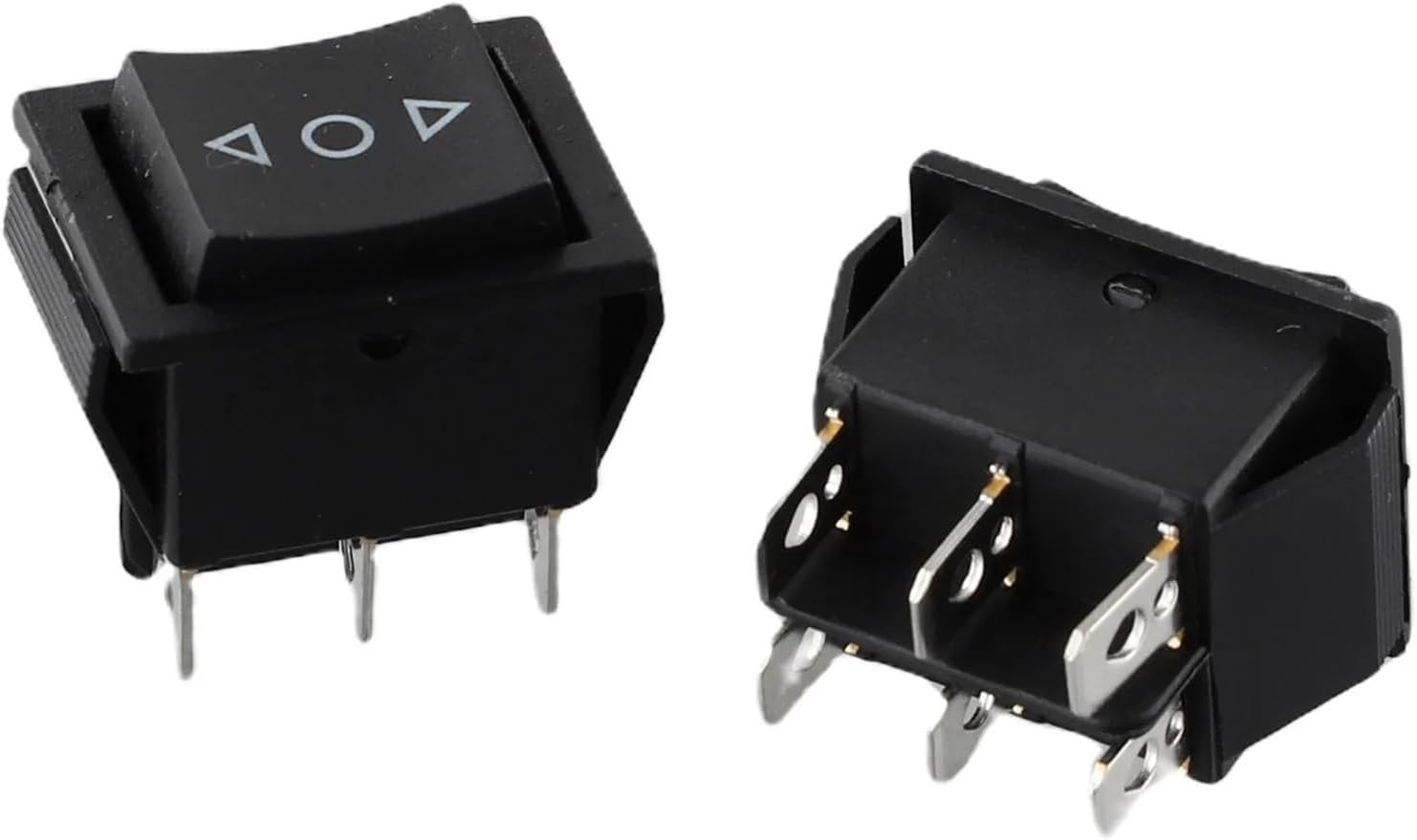 6 Pin Dpdt Double Pole Double Throw 10 Amp Momentary Rocker Switch Momentary Push Button Switch - two black rectangular switches with arrow and circle symbols on top and metal connector pins underneath.