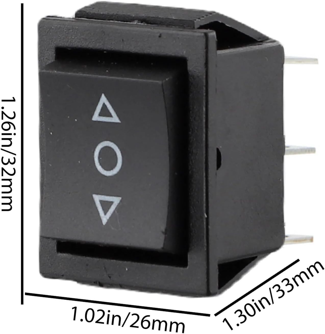 6 Pin Dpdt Double Pole Double Throw 10 Amp Momentary Rocker Switch Momentary Push Button Switch - a black rectangular three-position switch with up, down, and circle icons, shown with its dimensions in a diagram.