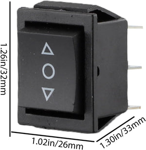 6 Pin Dpdt Double Pole Double Throw 10 Amp Momentary Rocker Switch Momentary Push Button Switch - a black rectangular three-position switch with up, down, and circle icons, shown with its dimensions in a diagram.
