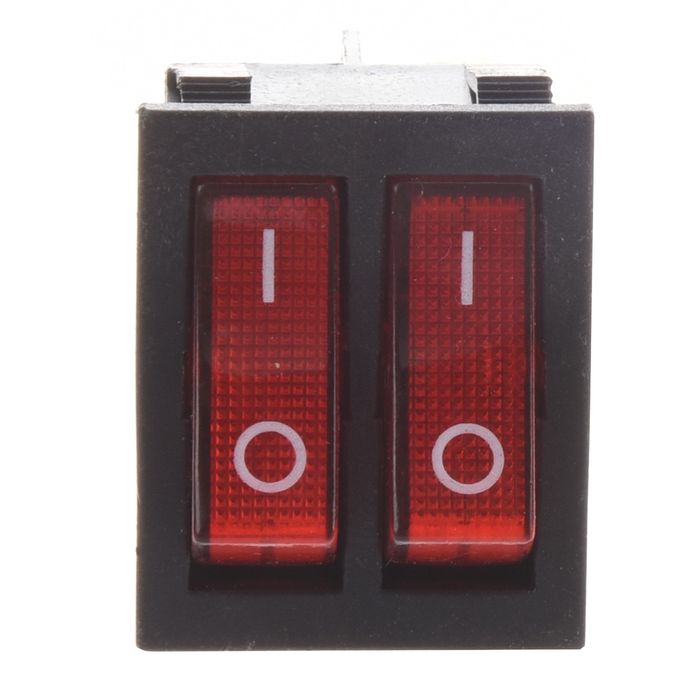 6 Pin Dual Spst Switch-1 X Rocker Switch - with two red, translucent buttons featuring white "I" and "O" markings.
