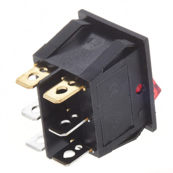 6 Pin Dual Spst Switch-1 X Rocker Switch - with six gold-colored metal terminals and a small red indicator light on the front face.