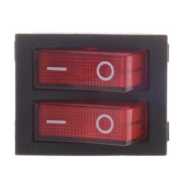 6 Pin Dual Spst Switch-1 X Rocker Switch - a rectangular black housing containing two red, illuminated rocker switches with white on and off symbols.