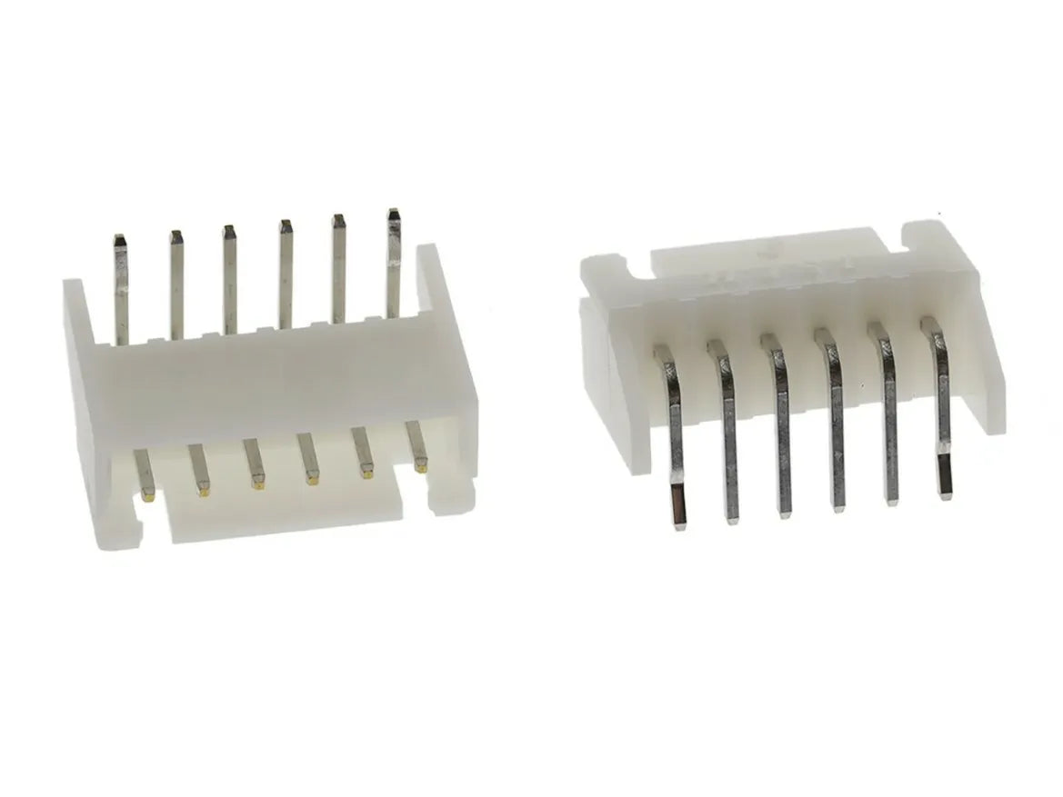 6 Pin JST Xh 2.5mm Side Entry Header Right Angle - two white plastic 6-pin connectors with right-angle metal header pins from different angles.