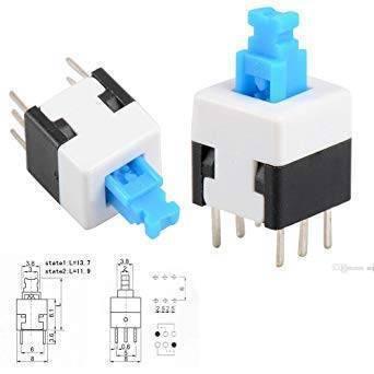 6 Pin Push Lock Button 7x7 PCB Mount Dpdt Switch - shown as two white and black switches with blue buttons and a technical dimension diagram below.