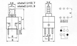6 Pin Push Lock Button 7x7 PCB Mount Dpdt Switch - technical drawings, measurements in millimeters, and circuit schematics.