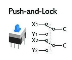 6 Pin Push Lock Button 7x7 PCB Mount Dpdt Switch - a blue-topped push button component next to a schematic diagram of its internal switch wiring.