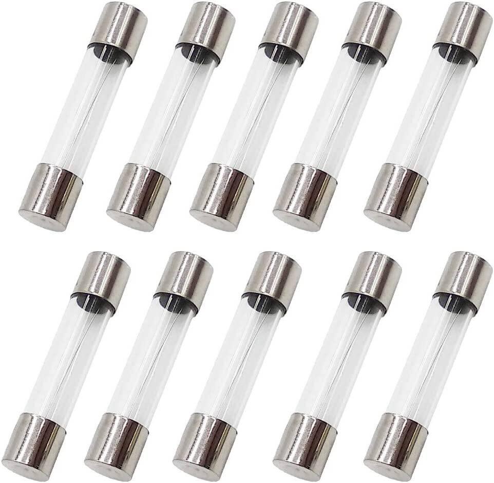 6 X 30mm 0.5A Fast-Blow Fuse 0.5 Amp 250V F0.5al Glass Fuse - ten cylindrical glass fuses with silver metal end caps arranged in two rows of five against a white background.