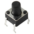 6 x 6 x 6mm 4 Pin DIP Tactile Momentary Push Button Switch - a small black square tactile switch with a tall cylindrical button and four metal pins.